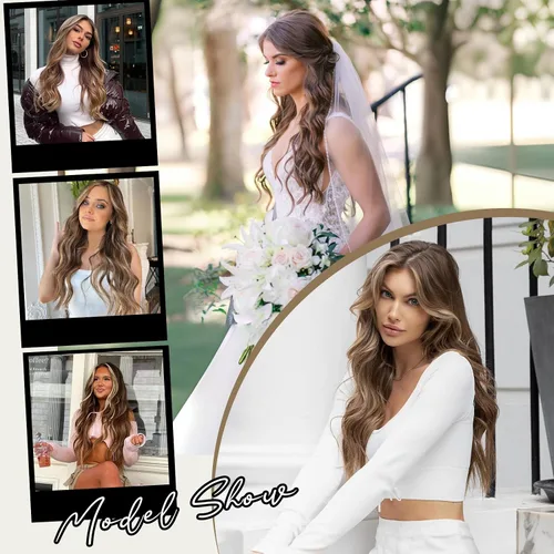 Miniatura 3 de ALXNAN Extensiones de cabello, 4 extensiones de cabello con clip, 20 pulgadas, marrón mezclado con rubio caramelo, largo, ondulado, natural, suave