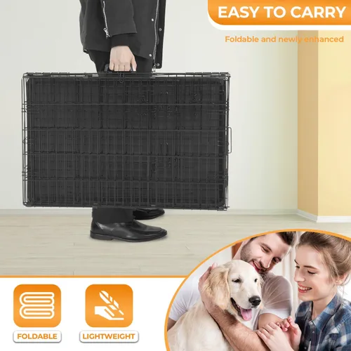 Miniatura 50 de PayLessHere - Jaula grande para perros y perrera para perros medianos y grandes, de metal, con doble puerta, plegable, para viajes, interior y Azul