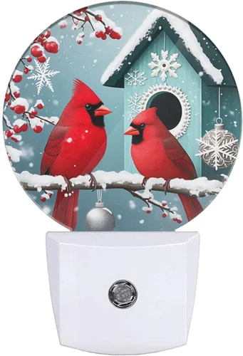 Luz nocturna con forma de pájaro, cardenal, árbol nevado, pájaros rojos en rama, enchufe de invierno, luces nocturnas, lámpara LED automática de