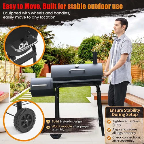 Miniatura 4 de Realcook Parrillas de carbón con ahumadores Offest: Parrilla de barbacoa de carbón de barril espaciosa Combo de parrilla para ahumar barbacoa