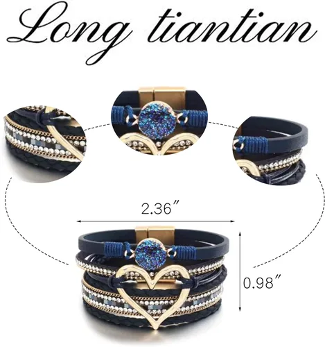 Miniatura 4 de Long tiantian Pulseras para mujer, pulseras bohemias modernas con corazón, joyería con cierre de puño, multicapa, pulseras de cuero para mujer