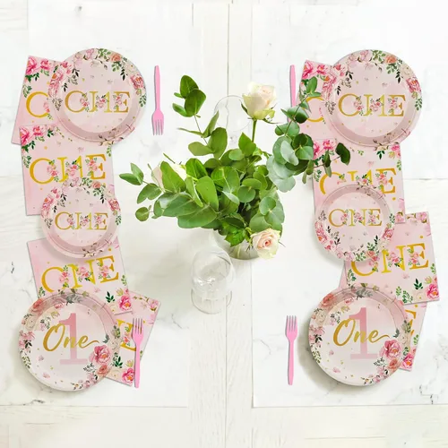Miniatura 7 de 96 piezas de suministros para fiesta de primer cumpleaños, vajilla de un año para niñas con platos florales de cumpleaños, servilletas, vajillas