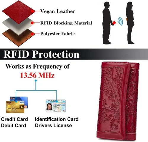 Miniatura 21 de MEITRUE Cartera de cuero para mujer, con bloqueo RFID, triple pliegue, con relieve, soporte para tarjetas, organizador de chequera para teléfono