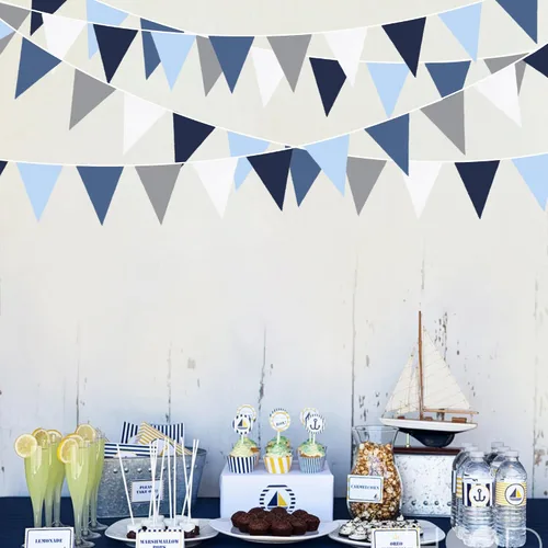 Miniatura 3 de Decoraciones de fiesta azul profundo de 32 pies, bandera triangular real, banderines de tela para boda, cumpleaños, Ahoy, Achor, pirata náutico