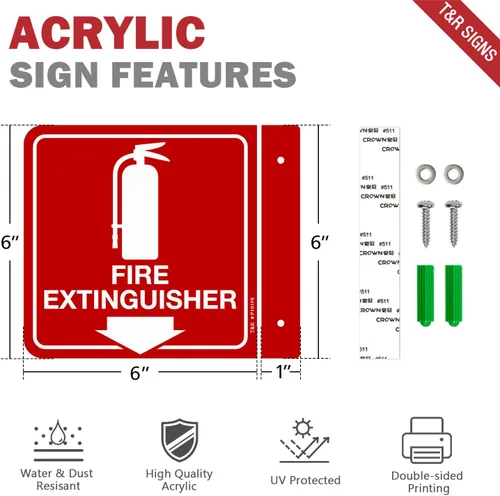 Miniatura 2 de Señal de extintor de incendios T&R, extintor de incendios con flecha hacia abajo - Paquete de 12 - Acrílico de 6 x 6 pulgadas, 2 orificios