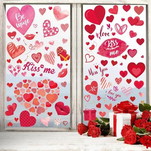 Miniatura 4 de 9 hojas de calcomanías para ventana del día de San Valentín, calcomanías de doble cara para ventana, diseño de labios rojos con corazón rosa