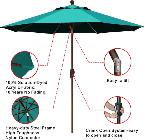 Miniatura 5 de EliteShade USA sombrilla de 9 pies para patio, sombrilla de mesa para exteriores con ventilación, no se decolora en 10 años, color teja Verde azulado