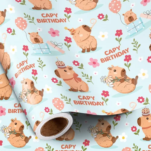 Miniatura 12 de RUSPEPA - Rollo de papel de regalo de cumpleaños para niñas, mini rollo, lindo diseño de ajolote y submarino con texto de feliz cumpleaños