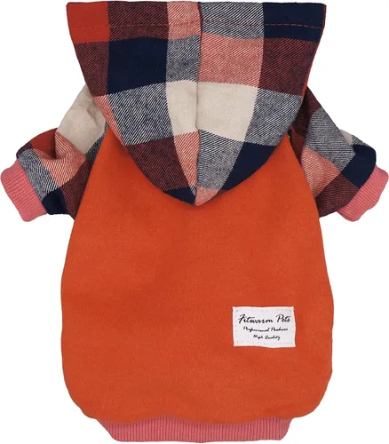Miniatura 5 de Fitwarm - Chaleco de algodón para perros y gatos, diseño a cuadros con capucha (naranja, XS)