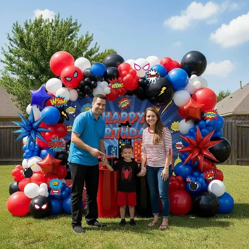 Miniatura 3 de Kit de arco de guirnalda de globos azul rojo negro blanco 140PCS con tarjetas de fondo adhesivas Globos de mylar grandes Starburst para fiesta
