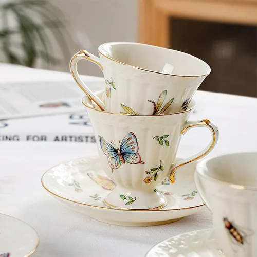 Miniatura 2 de Juego de taza de té y platillo de porcelana, taza de café de cerámica de 8.5 onzas líquidas con platillo y cuchara, taza de café vintage con ribete