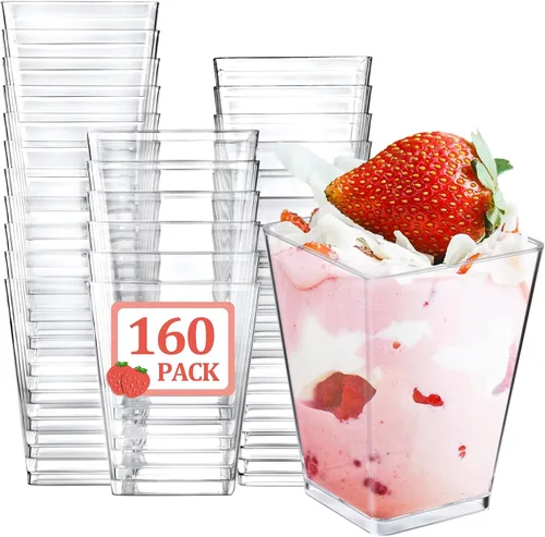 Miniatura 8 de Eupako Paquete de 100 vasos cuadrados de plástico transparente de 5 onzas con cucharas, vasos pequeños de plástico transparente ideal para postres