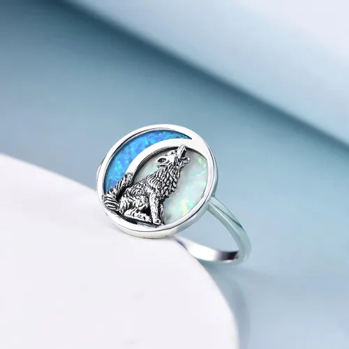 Miniatura 5 de POPKIMI Anillos de lobo de plata de ley de ópalo para mujer, joyería de lobo de ópalo, luna, lobo, regalos de lobo aullador, joyería para amantes