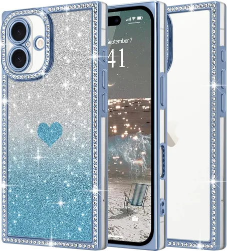 Miniatura 30 de Funda para iPhone 13, funda de diamantes de imitación de lujo con patrón de corazón de amor de cristal [papel con purpurina extraíble], parachoques