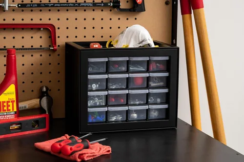 Miniatura 2 de IRIS USA Organizador de Cajones Pequeños de Plástico, 16 Cajones, Caja de Herramientas Apilable para Maestros, Organizador de Lápices, Partes Negro