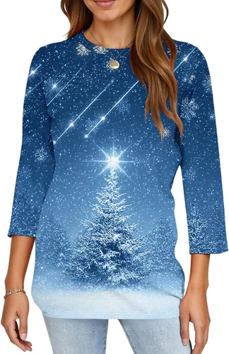 Miniatura 133 de Camisetas de manga 3/4 para mujer, cuello redondo, holgadas, casuales, con estampado floral, camisetas de moda para el trabajo de negocios