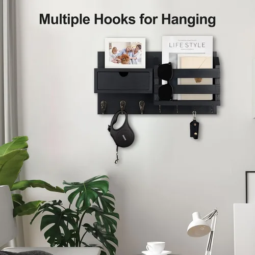 Miniatura 4 de Lwenki Organizador de llaves y correo de pared con cajón de almacenamiento, 100% madera de Paulownia, 7 ganchos de metal, decoración del hogar