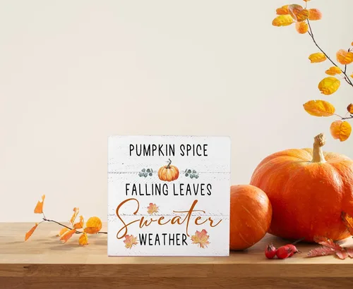 Miniatura 2 de Mtrgdn Decoraciones de otoño para el hogar, diseño rústico de calabaza con hojas que caen y hojas que caen, letrero de caja de madera, decoración