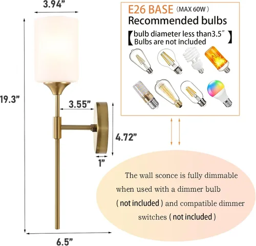 Miniatura 4 de BYOLIIMA Juego de 2 apliques de pared dorados con pantallas cilíndricas blancas de vidrio, luminarias modernas de pared para tocador de baño