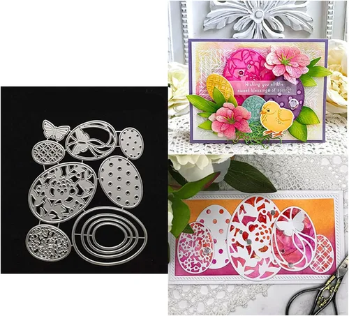Miniatura 7 de Juego de 7 piezas de huevos de Pascua troquelados de metal, diseño de flores, mariposas, huevos, marco, plantillas de troqueles de corte