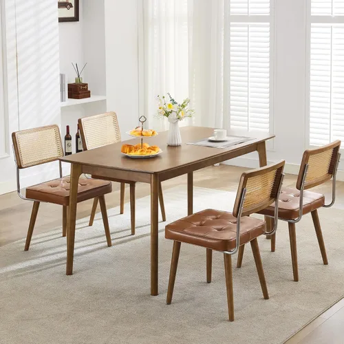 Miniatura 10 de GarveeHome Juego de 2 sillas de comedor de ratán natural, sillas de cocina tapizadas de lino con respaldo alto de caña y patas de madera fuertes