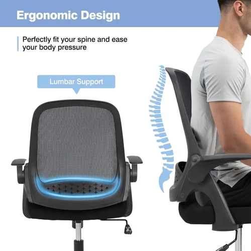 Miniatura 8 de Giantex Silla ergonómica de malla con respaldo medio para computadora, soporte lumbar, reposabrazos abatibles, silla giratoria de altura ajustable