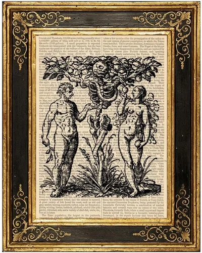 Árbol del conocimiento del bien y del mal reciclado, página de libro vintage, impresión artística de 8 x 10 pulgadas, sin marco