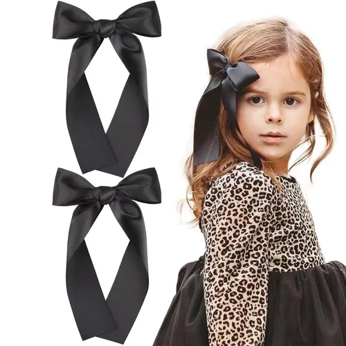 Miniatura 13 de 2 piezas de lazos largos de cinta para niñas, clip de pelo de seda, lazo de cinta para el pelo, accesorios para el cabello para bebés, niños Azul