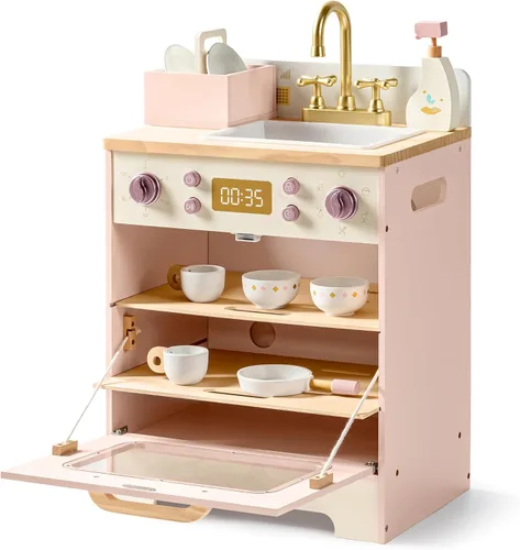 Miniatura 8 de ROBOTIME Fregadero Lavavajillas de Juguete de Madera – Juguete de Cocina Rosa de Fantasía con Grifo Dorado, Perillas Giratorias, Estante