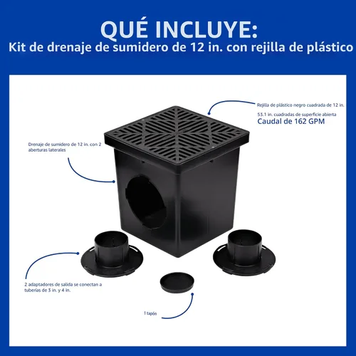 Miniatura 2 de Kit de drenaje para lavabo cuadrado NDS 1200BKITRTL1PK con drenaje de lavabo de 2 aberturas, 2 adaptadores, 1 tapón de salida y 1 rejilla de drenaje