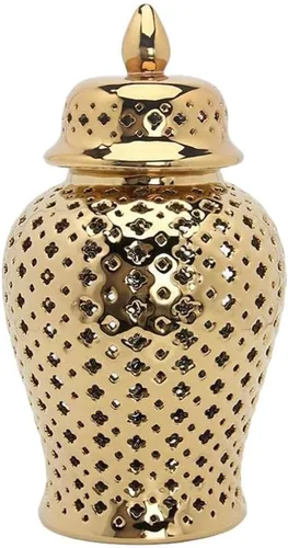 Tarro de jengibre de cerámica con tapa celosía decorativo Temple Jar Cut Out Jarrón de cerámica para sala de estar y decoración de cocina dorado