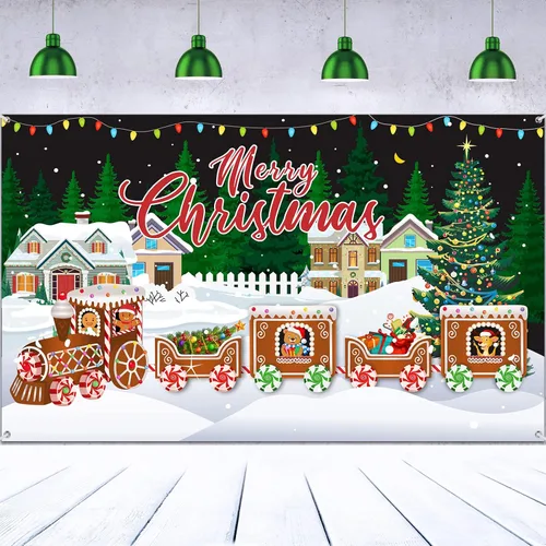 Cartel de Feliz Navidad, extra grande, tela de Navidad, suministros de decoración de fiesta de Año Nuevo, suministros de tren de Navidad, cabina de