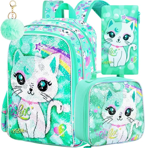 Miniatura 15 de KLFVB 3 mochilas de sirena de unicornio para niñas, bolsa de libros y lonchera de lentejuelas de 16 pulgadas, mochilas preescolares para primaria