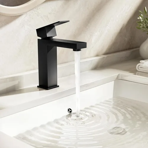 Miniatura 2 de Phiestina BF3530-MB - Grifo de baño negro de un solo agujero, grifo de baño negro mate para fregadero, 1 orificio con drenaje de metal con placa