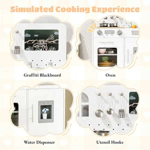 Miniatura 4 de Arlopu Juego de cocina de madera para niños con pizarra, luces y sonidos realistas, cocina interactiva con estufa, dispensador de agua, 6 utensilios