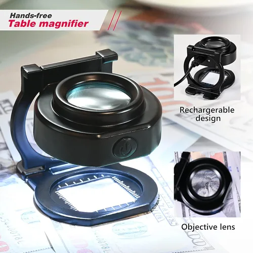 Miniatura 3 de Lupa de lupa de 25X con 6 luces, recargable por USB, tres plegables, portátil, de metal, lupa de costura para textil, herramienta de joyería óptica