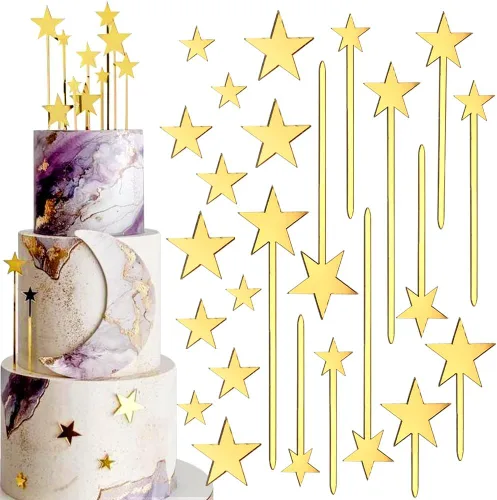 RUIYDZ Decoración dorada para tartas, decoración de cumpleaños de estrella de pentagrama, adornos de acrílico dorado espejo para decoración de