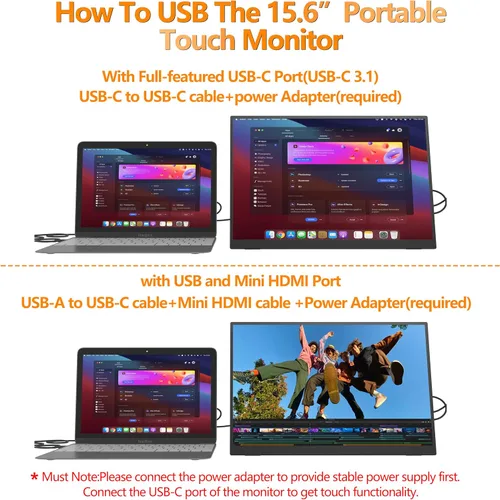 Miniatura 8 de Monitor de pantalla táctil portátil de 15.6 pulgadas, pantalla HDR 1080P, monitor vertical USB-C con soporte y altavoces, monitor externo compatible