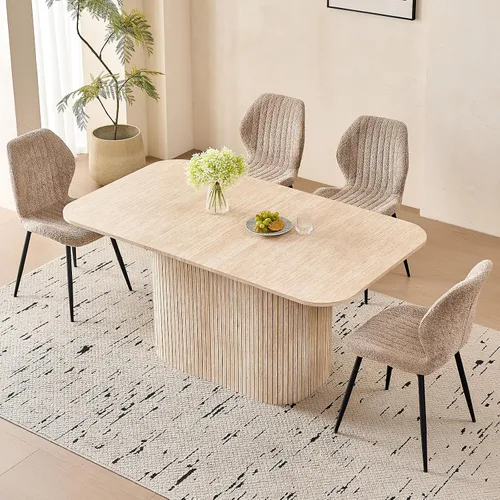 Miniatura 9 de Juego de 4 mesas de comedor grandes de 63 pulgadas para 4, esquinas redondeadas, mesa de cocina rectangular moderna de madera con sillas Boucle