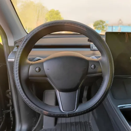 Miniatura 3 de Funda de volante en forma de D para Tesla Model 3 / Y, para Camaro, 14-14.25 pulgadas, funda de cuero negro para volante de automóvil para hombres