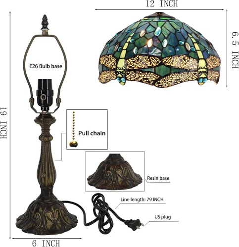 Miniatura 3 de Tiffany Lamp Stained Glass Table Lamp Bedside Reading Light W12H19 Inches (Sea Blue Dragonfly Style)