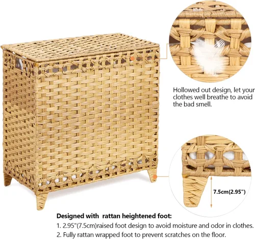 Miniatura 5 de Cesta para ropa sucia con 3 bolsas de forro extraíbles; cesta de lavandería de ratán tejida a mano de 132L con tapa y pies elevados; cesta de ropa