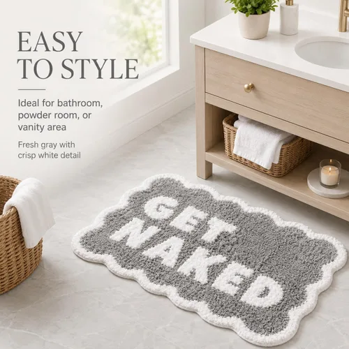 Miniatura 8 de Scalloped Grey Bath Rug, Get Naked Cute Bathroom Rug, Soft Absorbent Quick Dry Bath Mat, TPR Non Slip Backing, Microfiber Mat for Shower Tub Sink