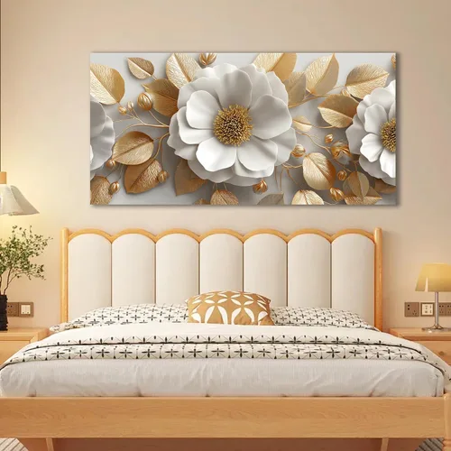 Miniatura 6 de Tarfupth Lienzo floral para pared de sala de estar, flores doradas y blancas, obra de arte botánica grande para dormitorio, oficina, decoración