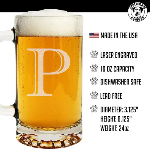 Miniatura 7 de Taza de cerveza de vidrio con monograma grabado de 16 onzas (letra P), regalos de cerveza personalizados de la A-Z para hombres, Día del Padre