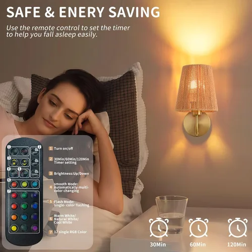 Miniatura 7 de Juego de 2 apliques de pared bohemios que funcionan con pilas, con pantalla de ratán dorado, luces de pared inalámbricas con bombillas recargables