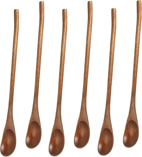 Miniatura 10 de Operitacx 4 cucharas de madera, cucharas de mezcla de madera de mango largo a granel, cucharas de té largas para cuchara de miel, mezcla, agitar