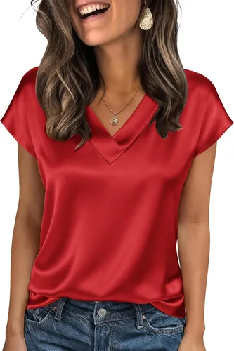 Miniatura 6 de Zeagoo - Camisetas de mujer de satén de seda, tops de manga corta con cuello en V, blusas para negocios y conjuntos casuales, talla S-2XL