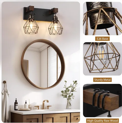 Miniatura 3 de Lámpara de tocador estilo casa de campo para baño, luminarias de tocador de baño de 2 luces negra dorada de madera sobre espejo, apliques rústicos