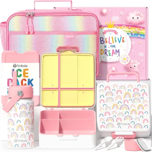 Fimibuke Lonchera Bento para Niños con 4 Compartimentos, Bolsa de Almuerzo Aislada, Botella de Agua Aislada de Acero Inoxidable, Paquete de Hielo y